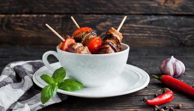 Foto barbecue in una tazza bianca su uno sfondo di legno scuro