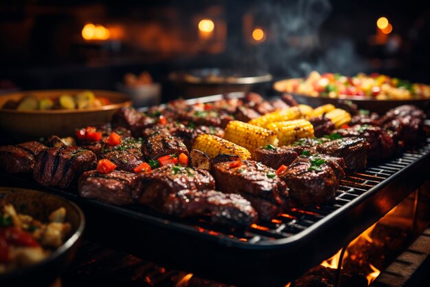 Barbecue with delicious grilled meat vegetables and corn on the grillgenerative ai