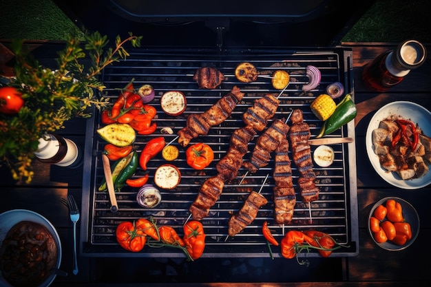 Барбекю с жареным мясом, овощами и специями на деревянном фоне.