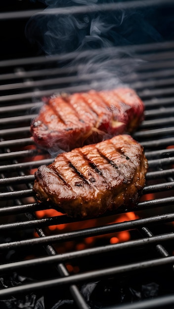 バーベキューされた牛肉をグリルで焼くと,ブローラーに煙の香りがする 垂直のモバイル壁紙