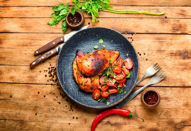 Barbecued chicken breasts on plate