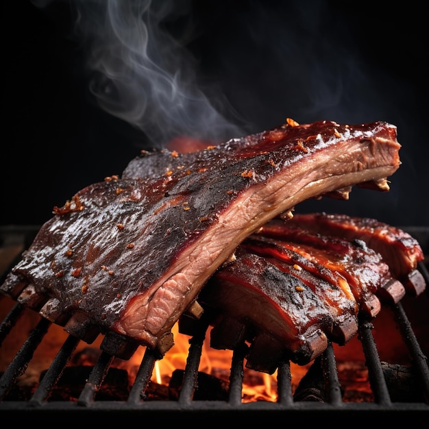 Barbecued pork ribs on a flaming grill