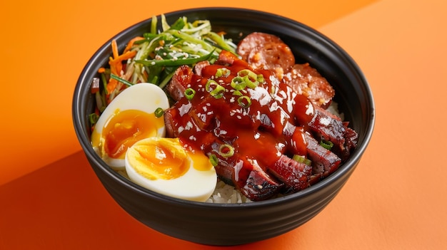 Barbecued red pork in sauce boiled eggs Chinese sausage on topped rice in black bowl on orange background Asian food