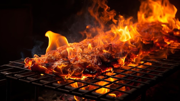 Photo barbecued spare ribs on a flaming grill