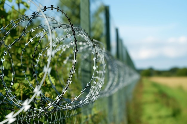 Barbed security wire on a fence in a field or border