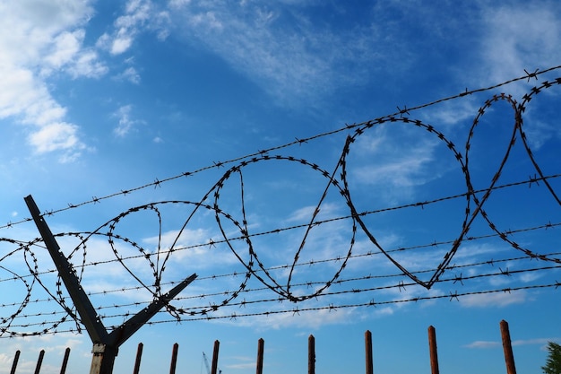 Barbed wire against the blue sky barbed wire is a wire or a
narrow strip of metal with sharp spikes