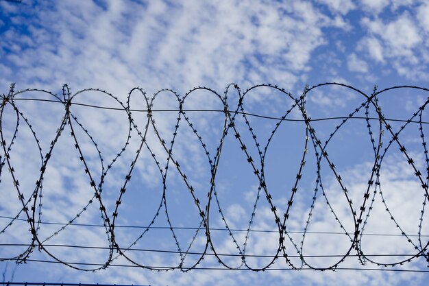 Barbed wire against the blue sky protected area a special dangerous zone