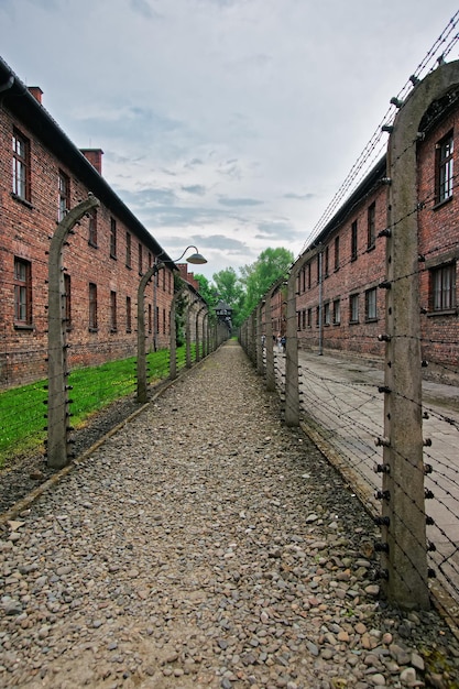 Barbed wire and barracks in Auschwitz concentration camp, Poland.