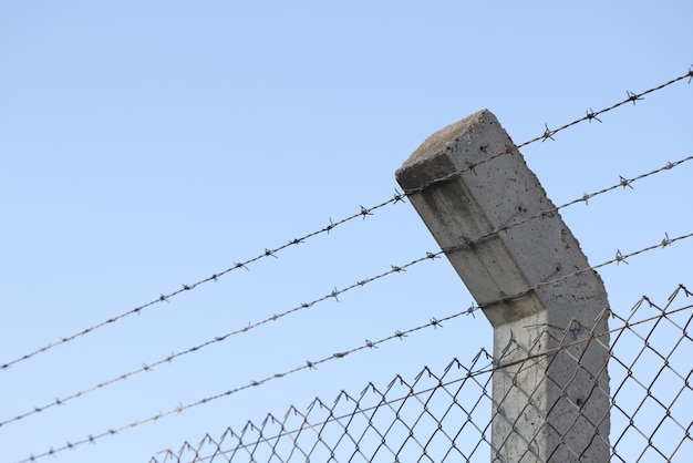 Barbed wire and blue sky in background concrete fence post and prison