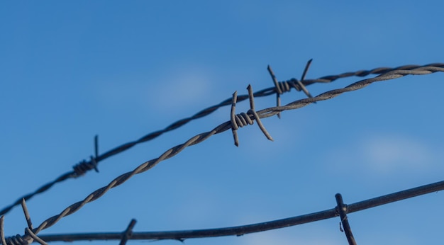 Barbed wire in the blue sky in the sunlight