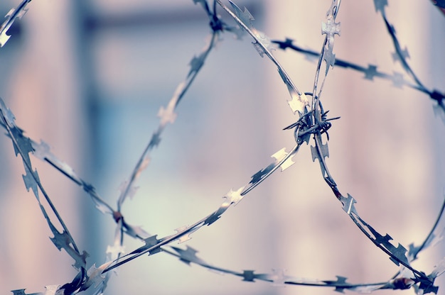 Barbed wire on blurred abstract background