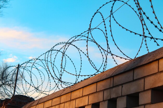 Barbed wire on a fence against the blue sky