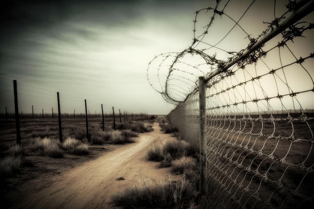 Barbed wire fence enclosing a military base