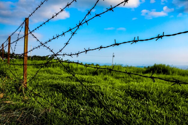 Foto recinzione di filo spinato sul campo contro il cielo