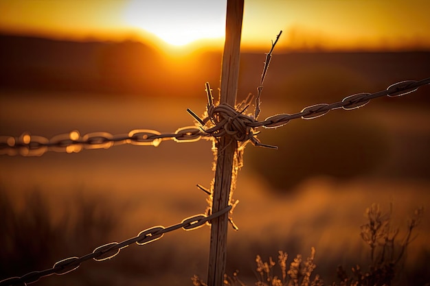 Barbed wire fence with sun setting behind it casting a warm glow