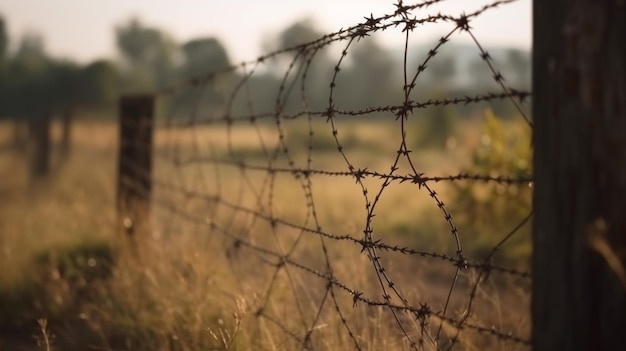 A barbed wire fence with the sun shining on it.