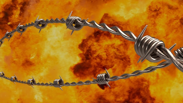 The barbed wire on fire background for security or military concept 3d rendering