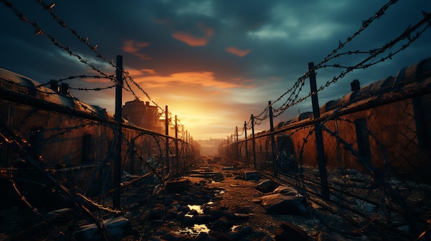 the barbed wire in the old town of barbarau at the sunset