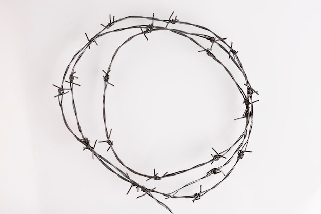 Photo barbed wire on a white background. close-up, with sharp spikes arranged in a circle. copy space. high quality photo