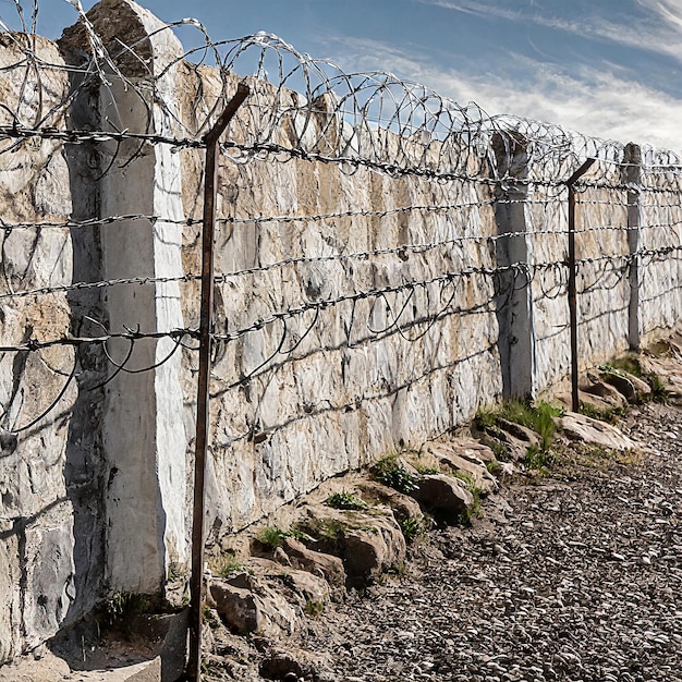 Barbed wire with wall to divide or mark the perimeter