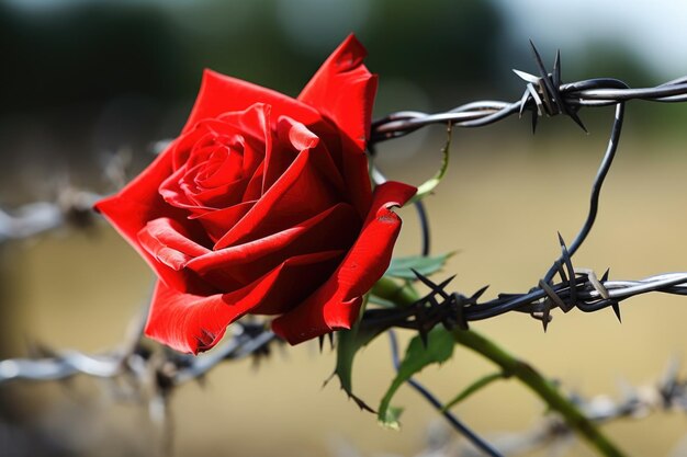 Barbed wire wrapped around a red rose