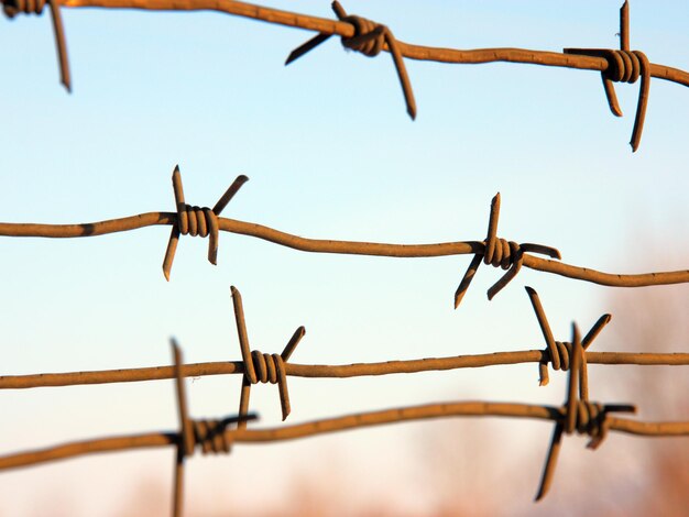 Barbed wires against blue sky