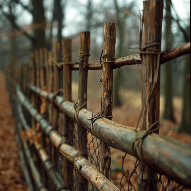 Photo a barbed wirewooden fence fence with barbed wire and barbed wire