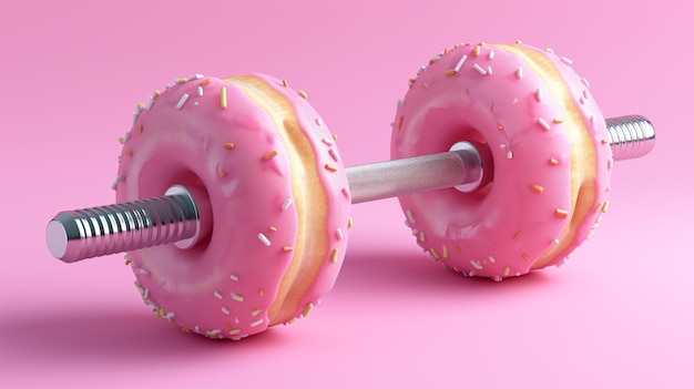 Barbell samengesteld uit twee overgrote roze donuts compleet met sprinkles naast elkaar op een pastelroze achtergrond symboliserend een speelse kijk op fitness en genot