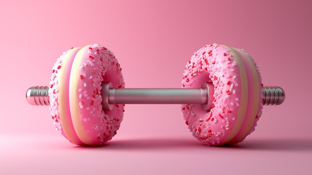Barbell samengesteld uit twee overgrote roze donuts compleet met sprinkles naast elkaar op een pastelroze achtergrond symboliserend een speelse kijk op fitness en genot