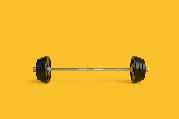 Barbell with black plates isolated on patel yellow background Front view with copy space 3D render