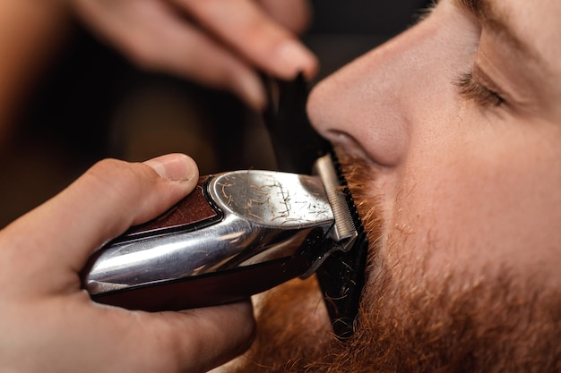 Barber and bearded man in barber shop