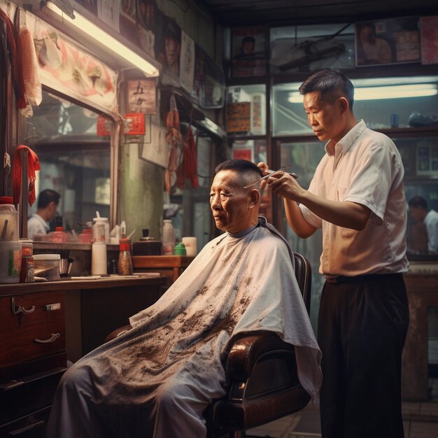 a barber cutting a man's hair in front of a barber shop.