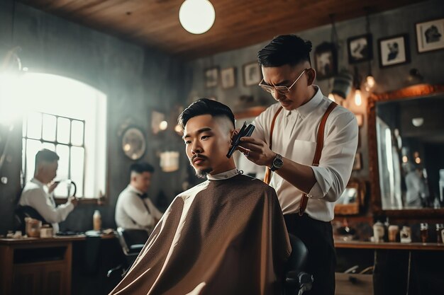 the barber is shaving at the barbershop