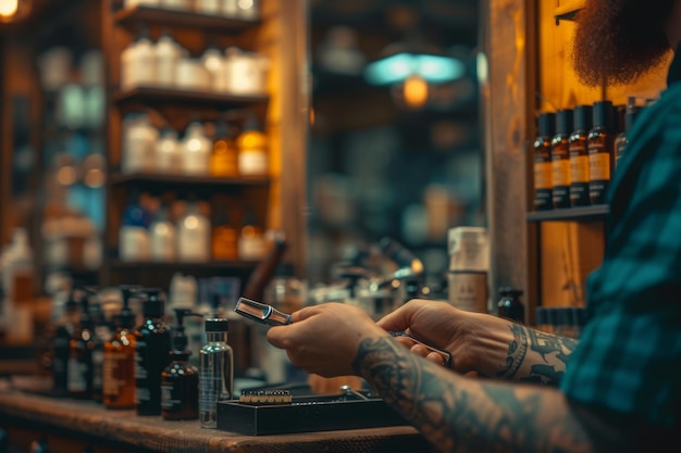 Barber man holding barbers tool and shampoo bottles