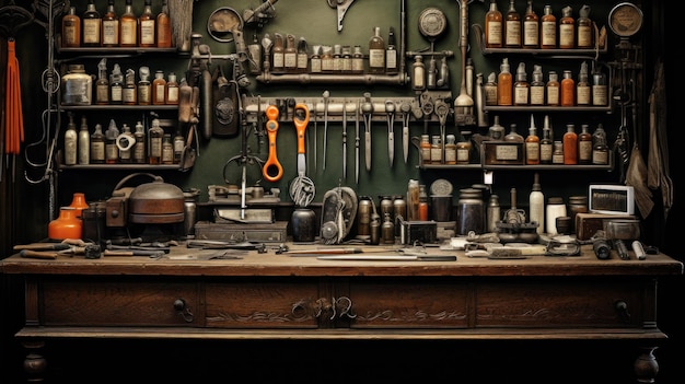 инструменты парикмахера, включая ножницы, гребли, бритвы и другие инструменты торговли