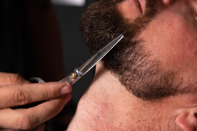 Barber shop barber shaving his client selective focus