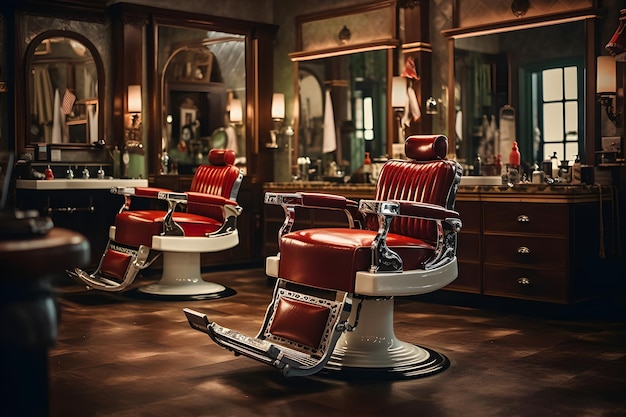 Barber shop interior with red barber chairs Vintage barber shop