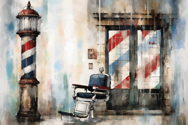 Barber shop with barber chair and pole on watercolor background