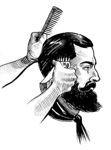 バーバーの手とひげのクライアントの頭 レトロスタイルのインク 黒と白の絵