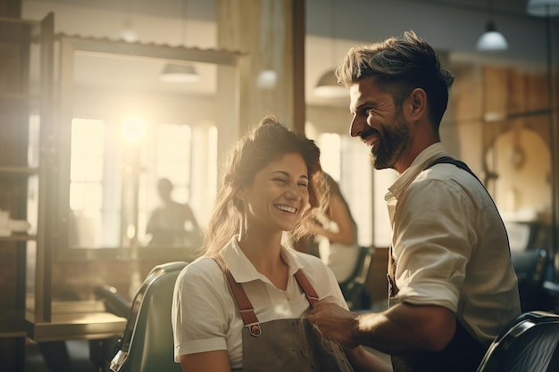 Barbershop a positive man makes a haircut for a client women smile relaxed