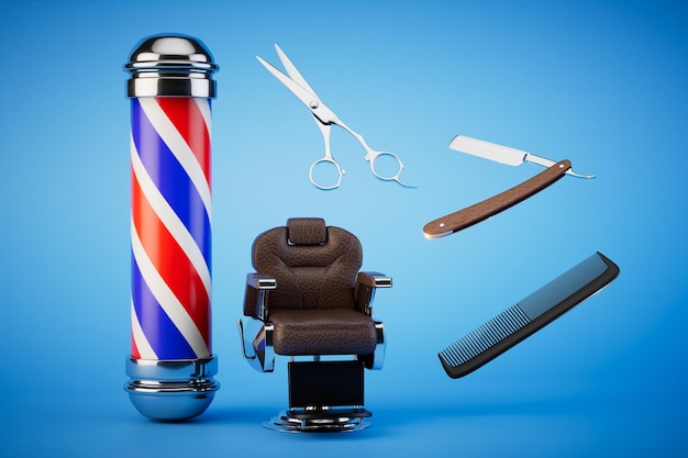 Barbershop service Barbershop emblem armchair razor comb and scissors on a blue background 3D render