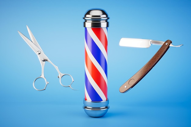 Концепция обслуживания парикмахерской Эмблема парикмахерской бритва и ножницы для стрижки на синем фоне 3D