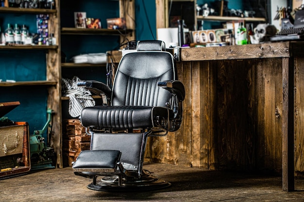 Foto barbershop stoel barbershop fauteuil moderne kapper en kapsalon kapperszaak voor mannen stijlvolle vintage kappersstoel barbershop thema professionele kapper in barbershop interieur
