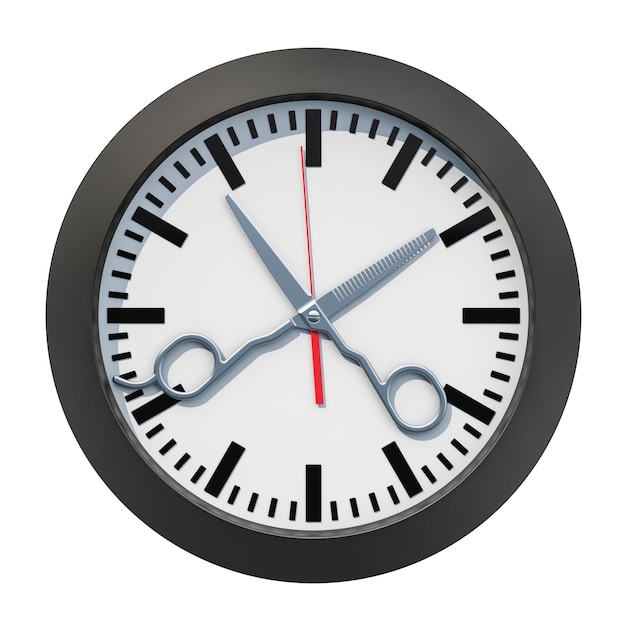 Barbershop Time concept Clock face with scissors 3D rendering