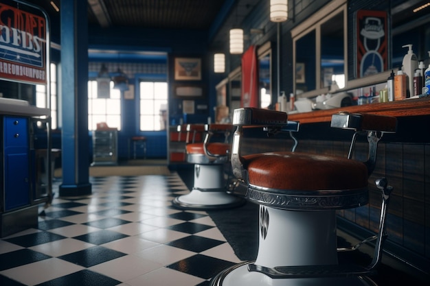 A barbershop with a checkered floor and a checkered floor with a blue and white checkered floor.