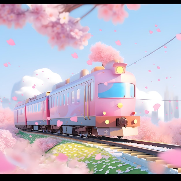 Barbie als roze 3D illustratie en animatie van roze trein met sakura bloem romantische cartoon