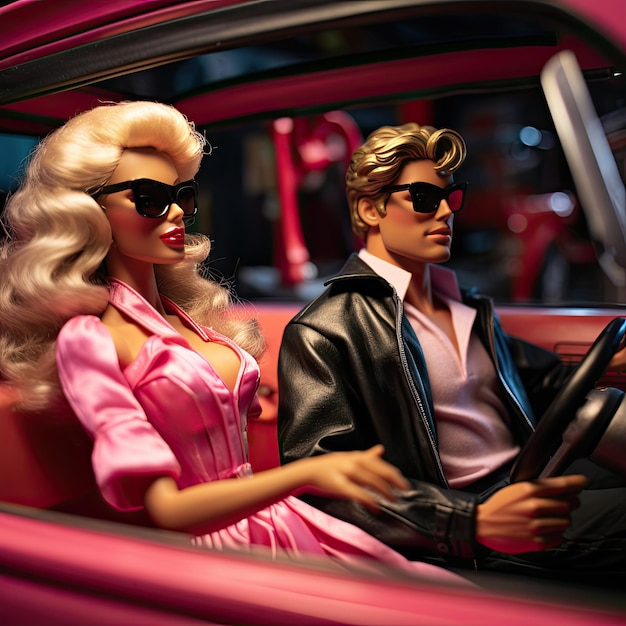 写真 車に乗ったバービーとケンのカップル ガールフレンドと車を運転するケン
