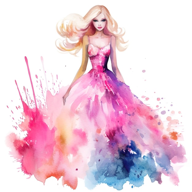 Barbie aquarel stijl witte achtergrond roze outfit