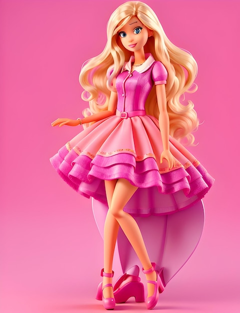 BARBIE BLONDE HAAR MEISJE ZOMER TRENDY OUTFIT MET ROZE ACHTERGROND