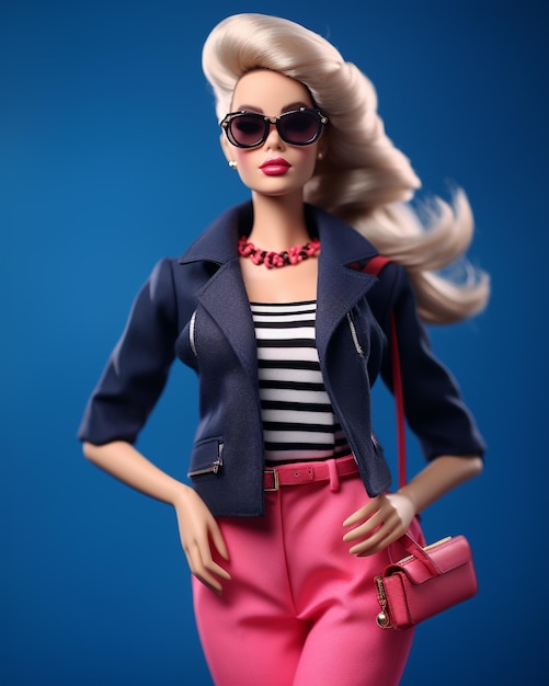 Barbie blonde pop met een trendy outfit en een zonnebril op een marine achtergrond